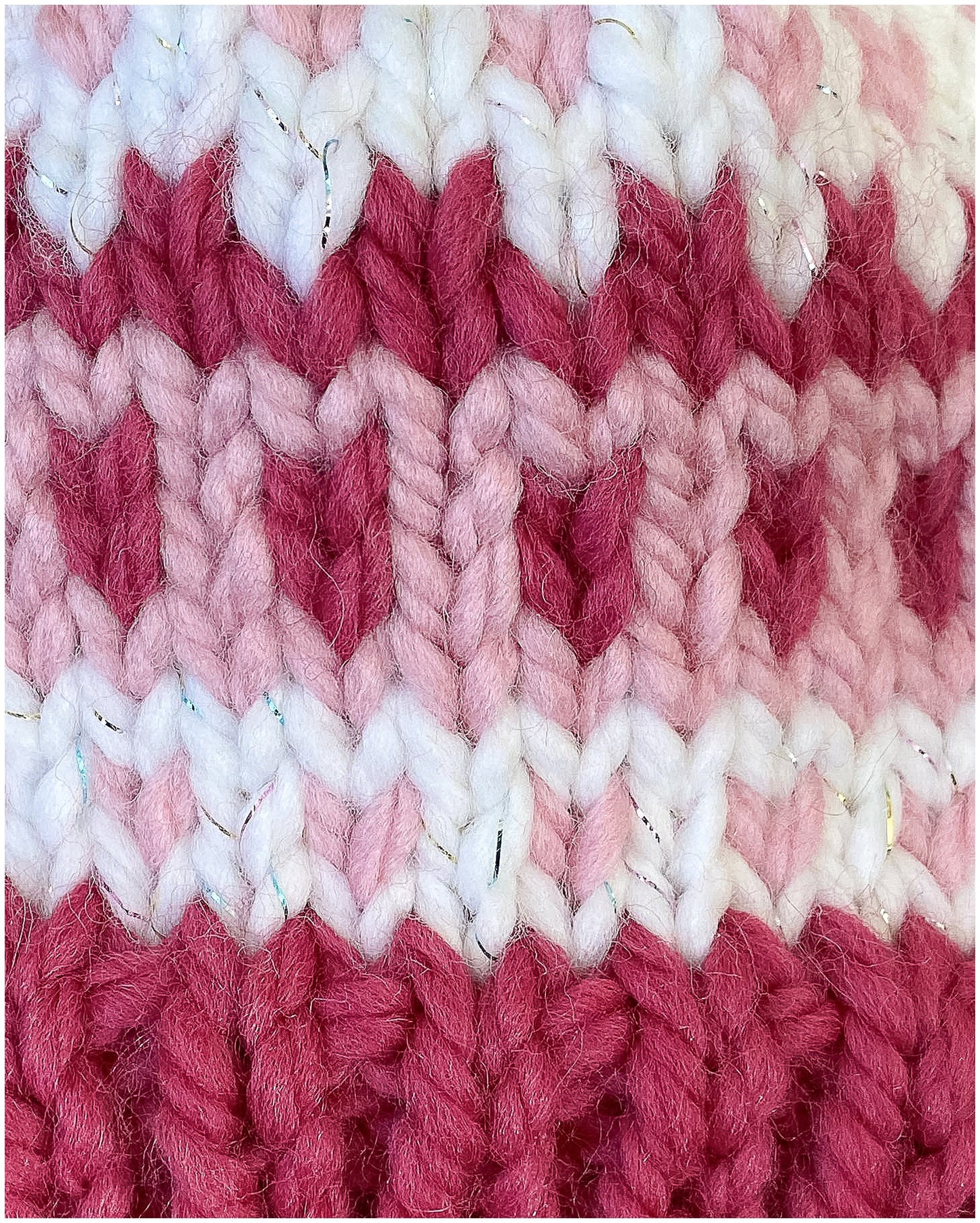 Toddler Girl Fair Isle pink hat in two shades of pink and sparkly white yarn