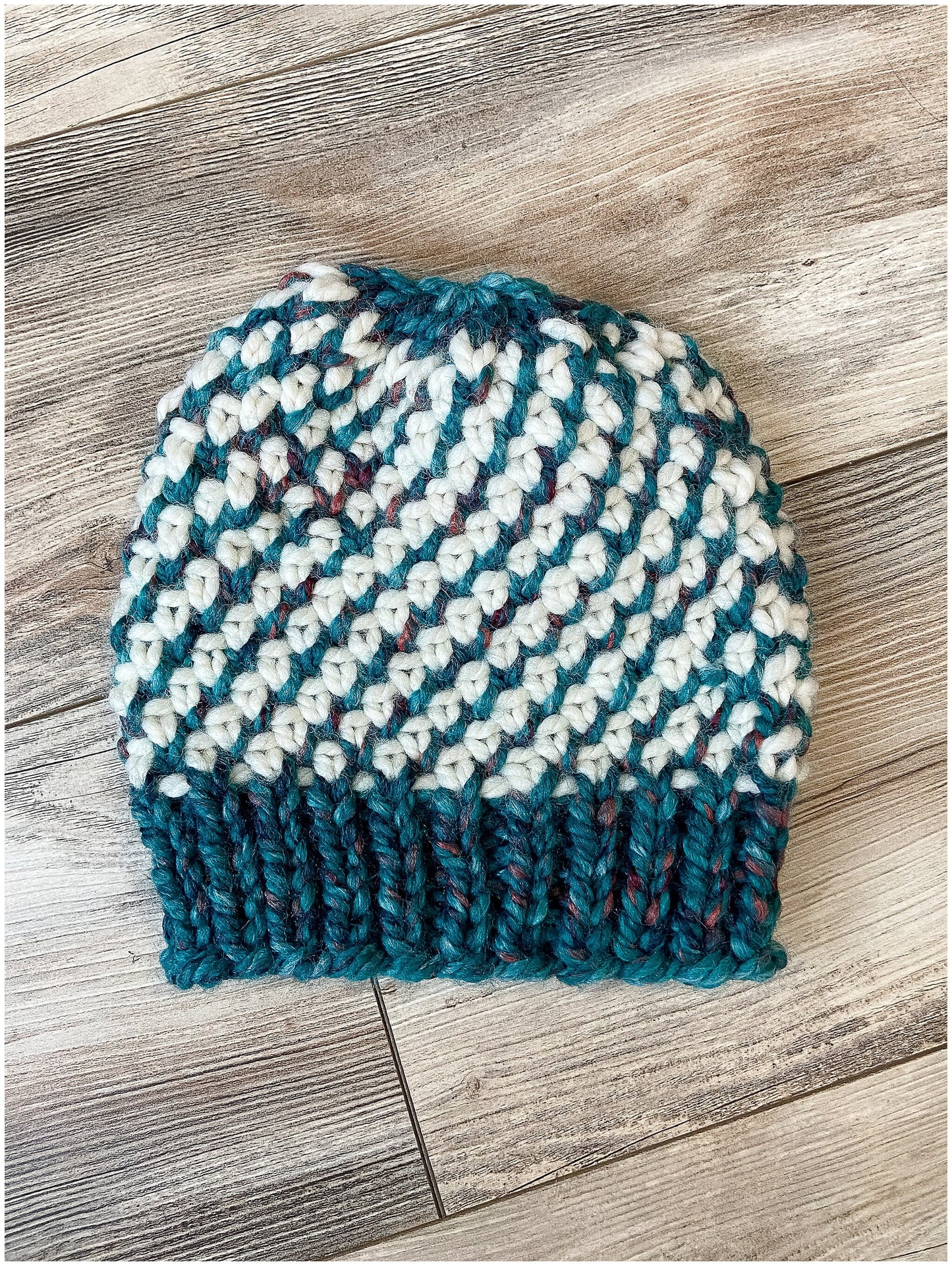 Kaleidoscope hat, beautiful cream and variegated teal wool hat