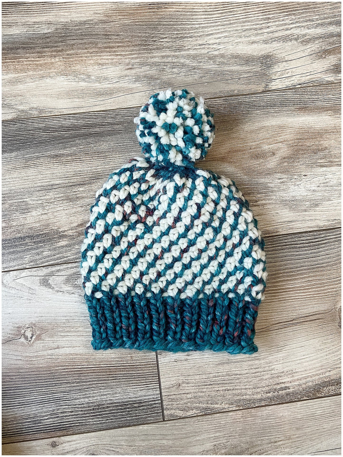 Kaleidoscope hat, beautiful cream and variegated teal wool hat