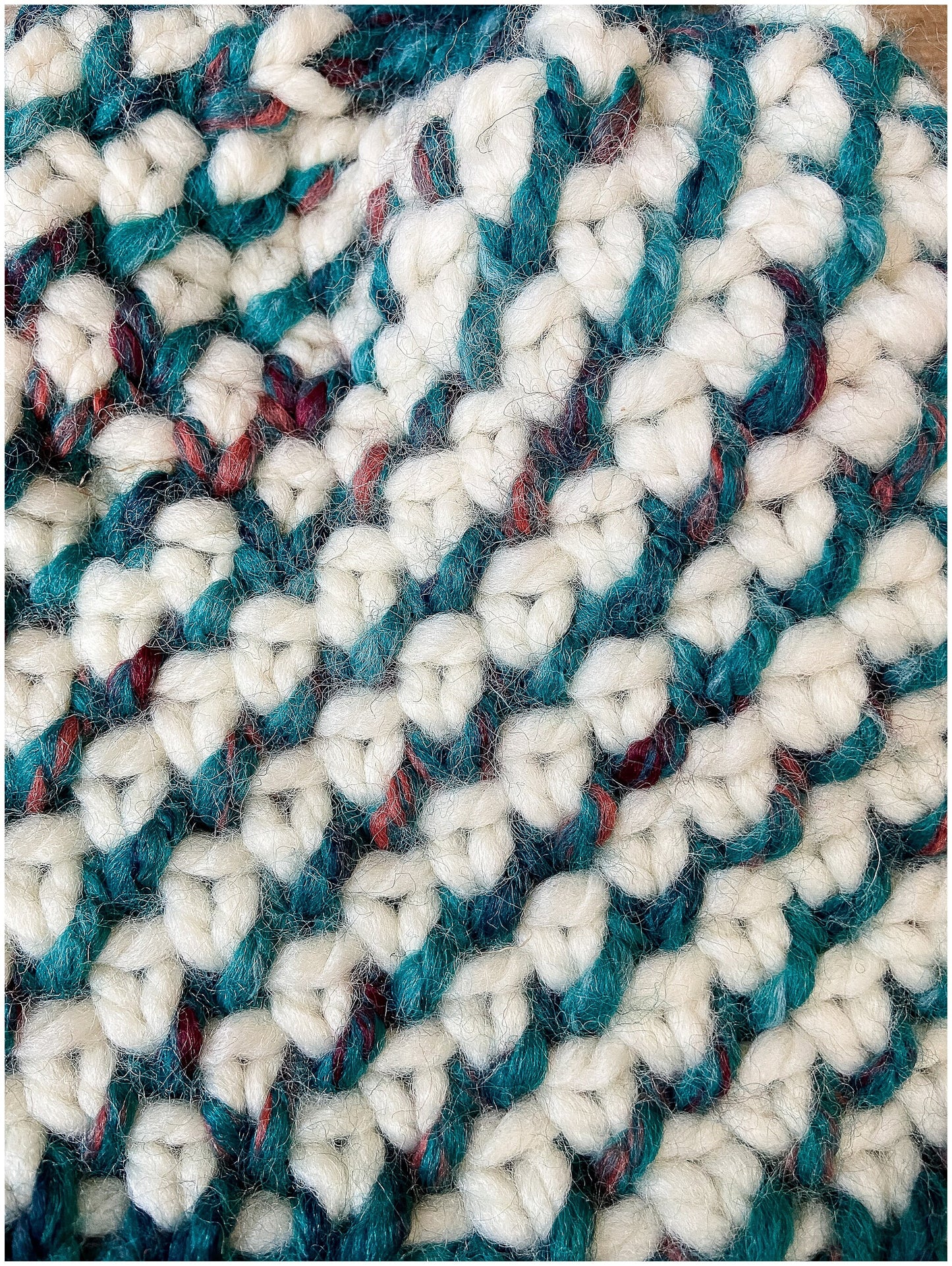 Kaleidoscope hat, beautiful cream and variegated teal wool hat