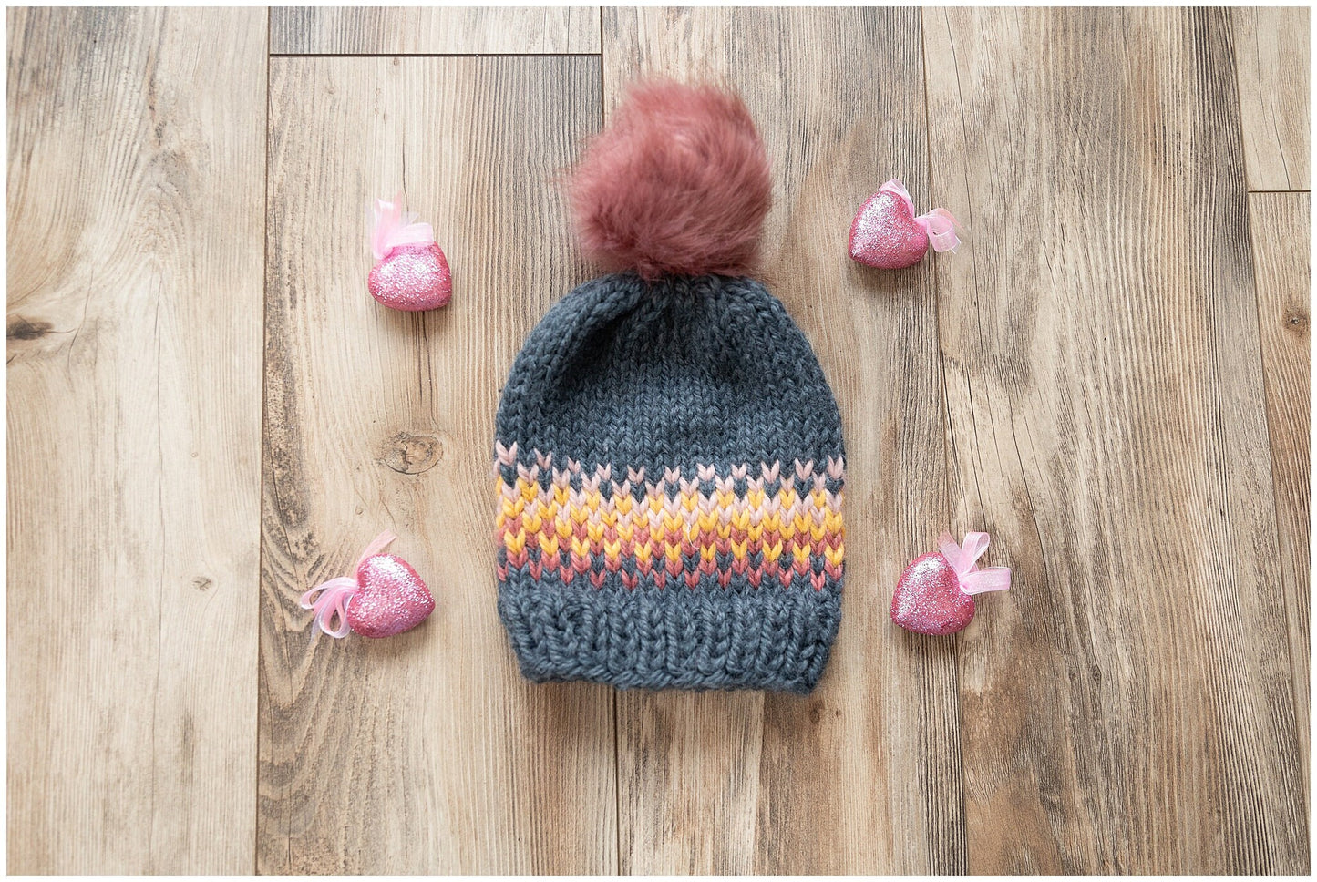 Fair Isle rainbow/sunrise slouchy hat made with recycled yarn
