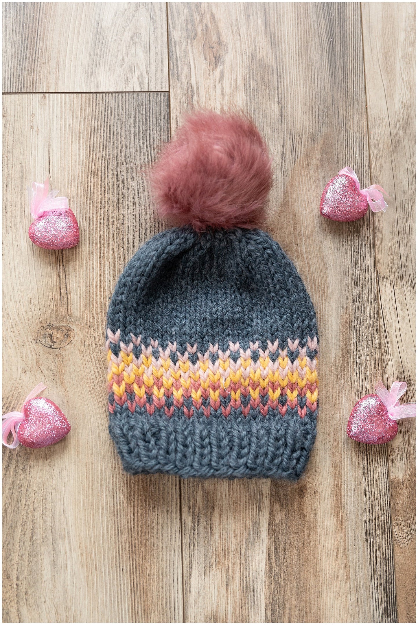 Fair Isle rainbow/sunrise slouchy hat made with recycled yarn