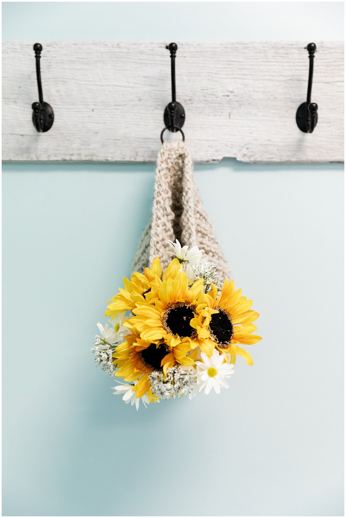 Hanging basket- wall hanging wall basket- hand knit with rubbed bronze finish metal ring