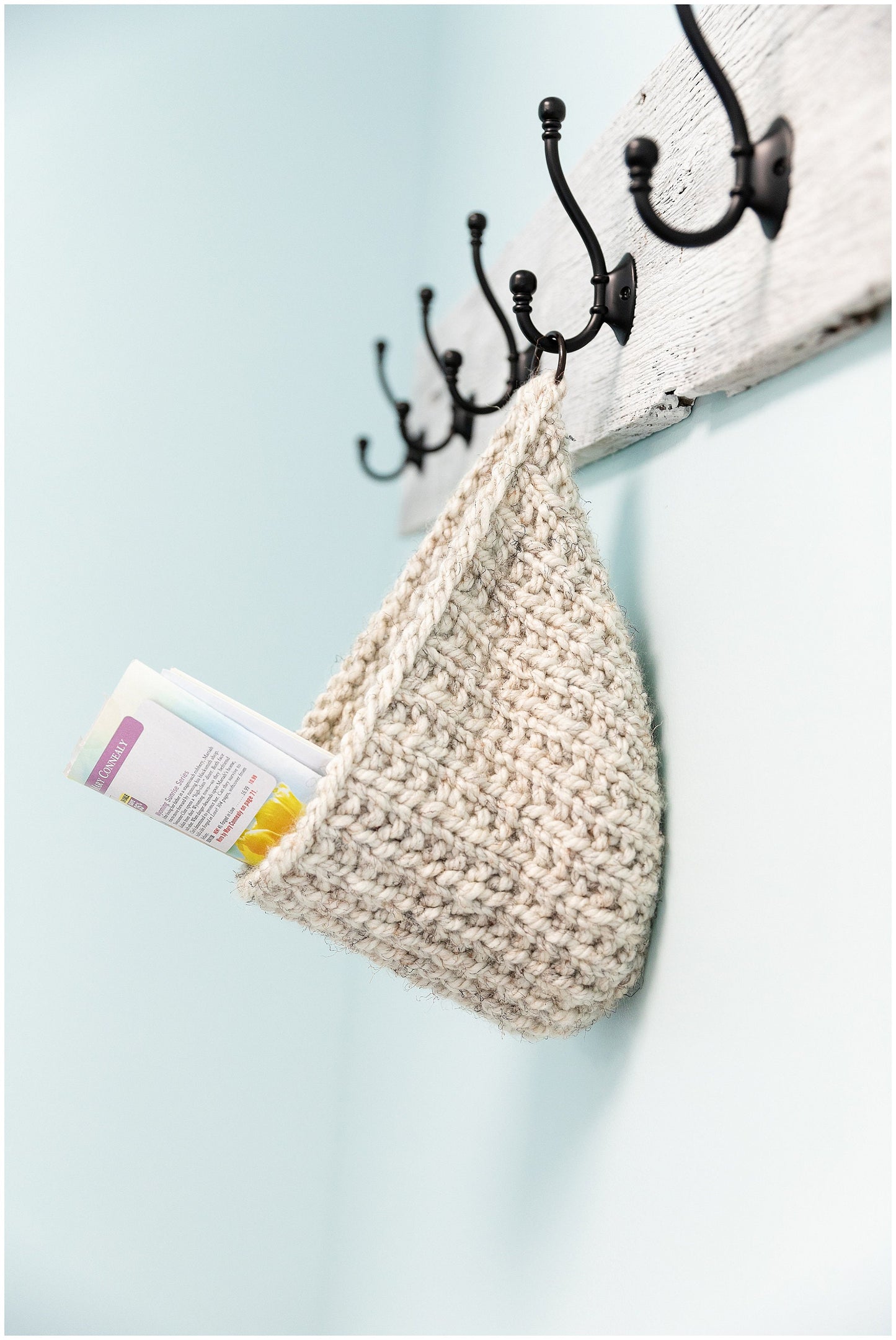 Hanging basket- wall hanging wall basket- hand knit with rubbed bronze finish metal ring