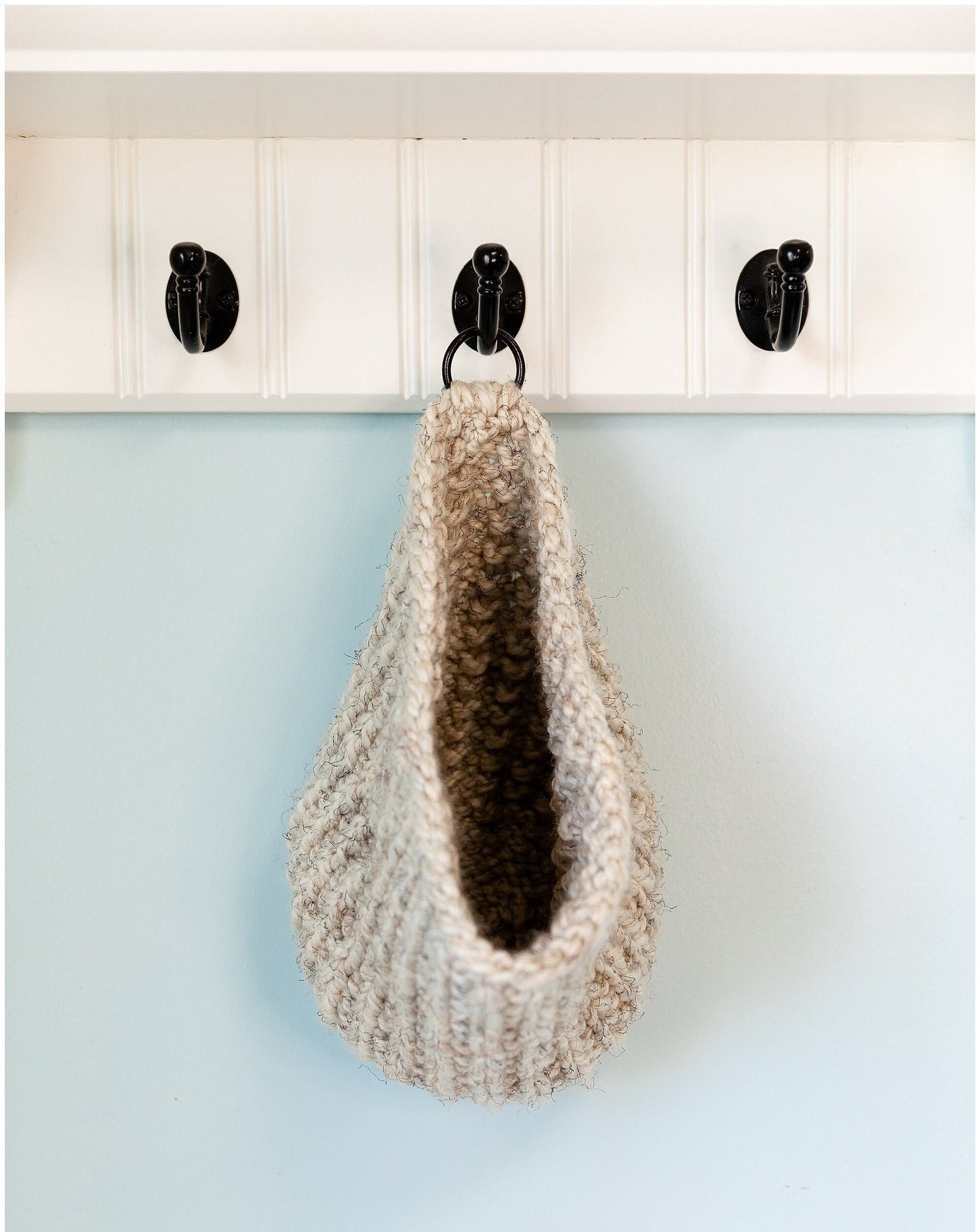 Hanging basket- wall hanging wall basket- hand knit with rubbed bronze finish metal ring