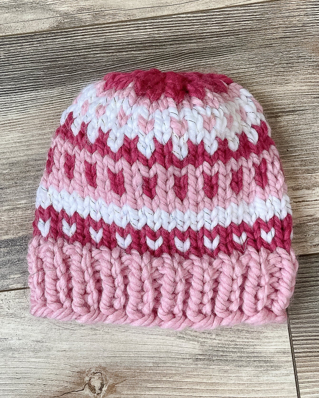 Pink fair isle toddler hat | hand knit in two shades of pink and sparkly white yarn