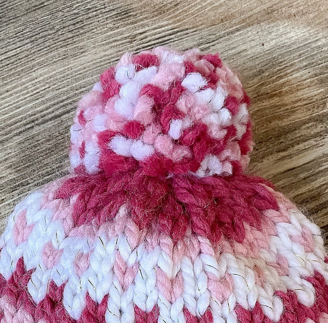 Pink fair isle toddler hat | hand knit in two shades of pink and sparkly white yarn