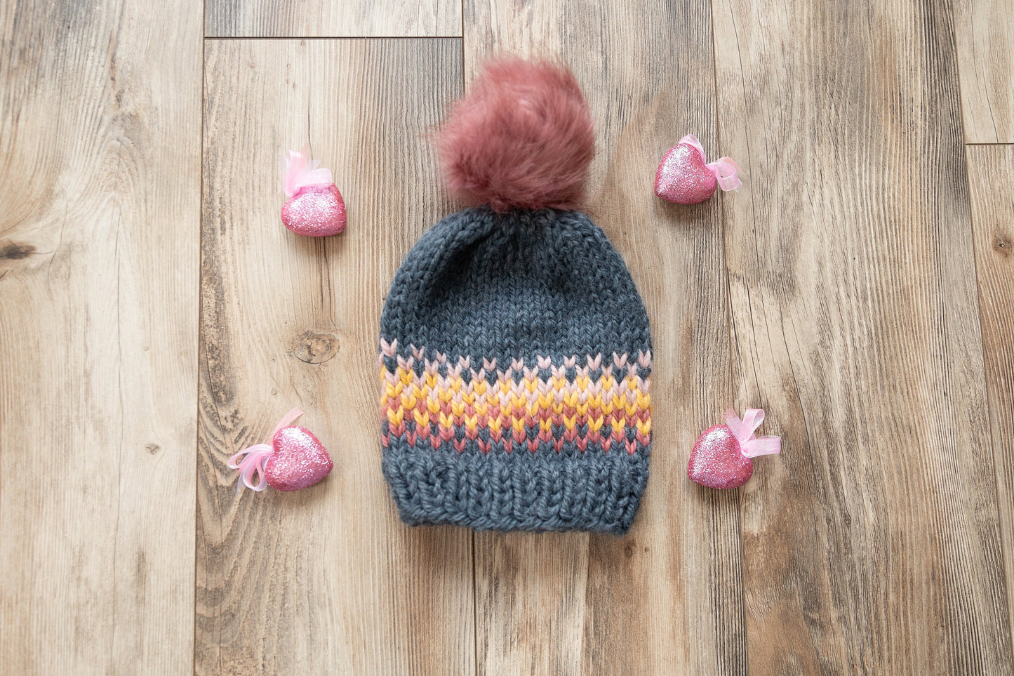 Recycled yarn hat- Fair Isle knit in rainbow/sunrise slouchy style