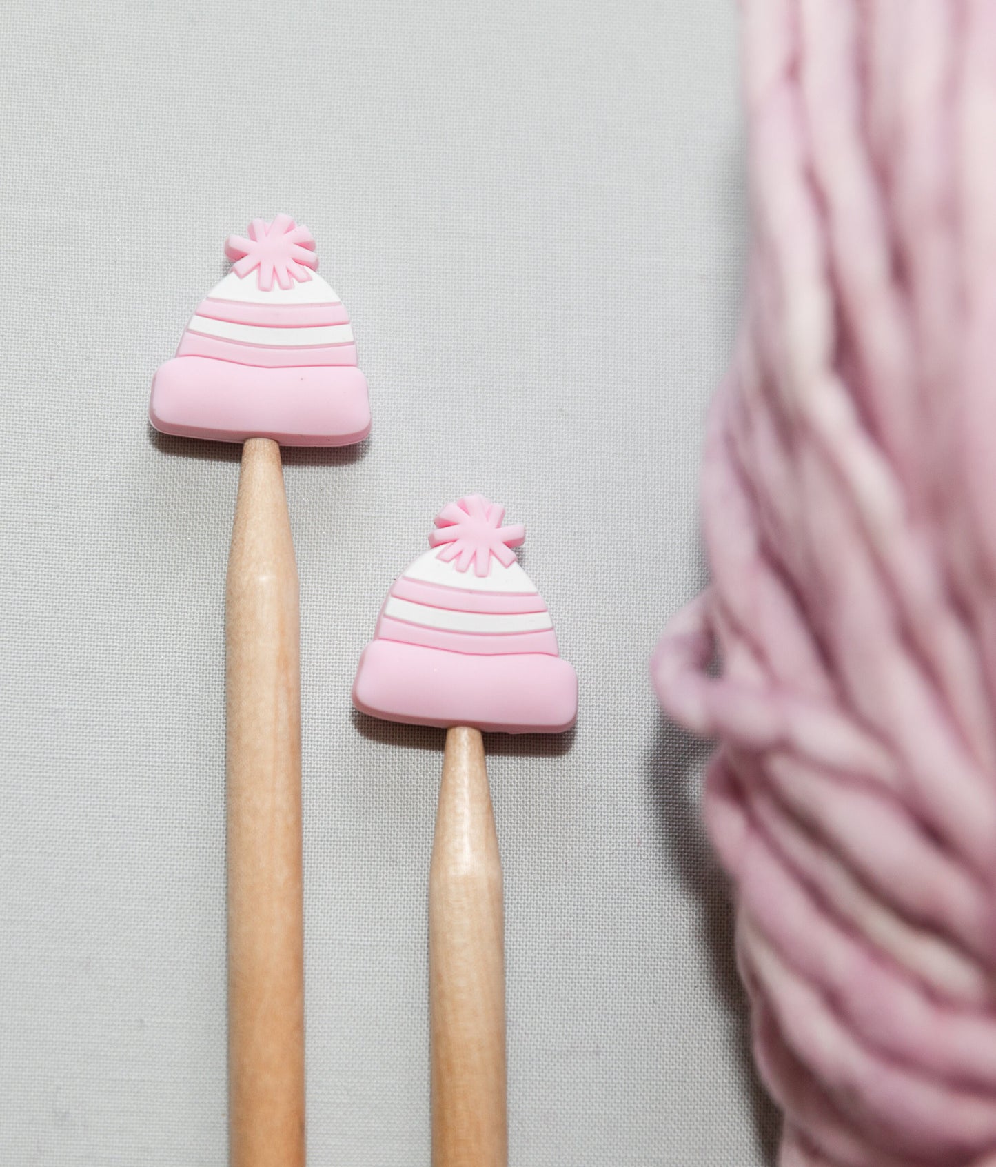 Winter stitch stoppers | Knitting notions light pink beanie | pastel pink winter hat stitch stopper