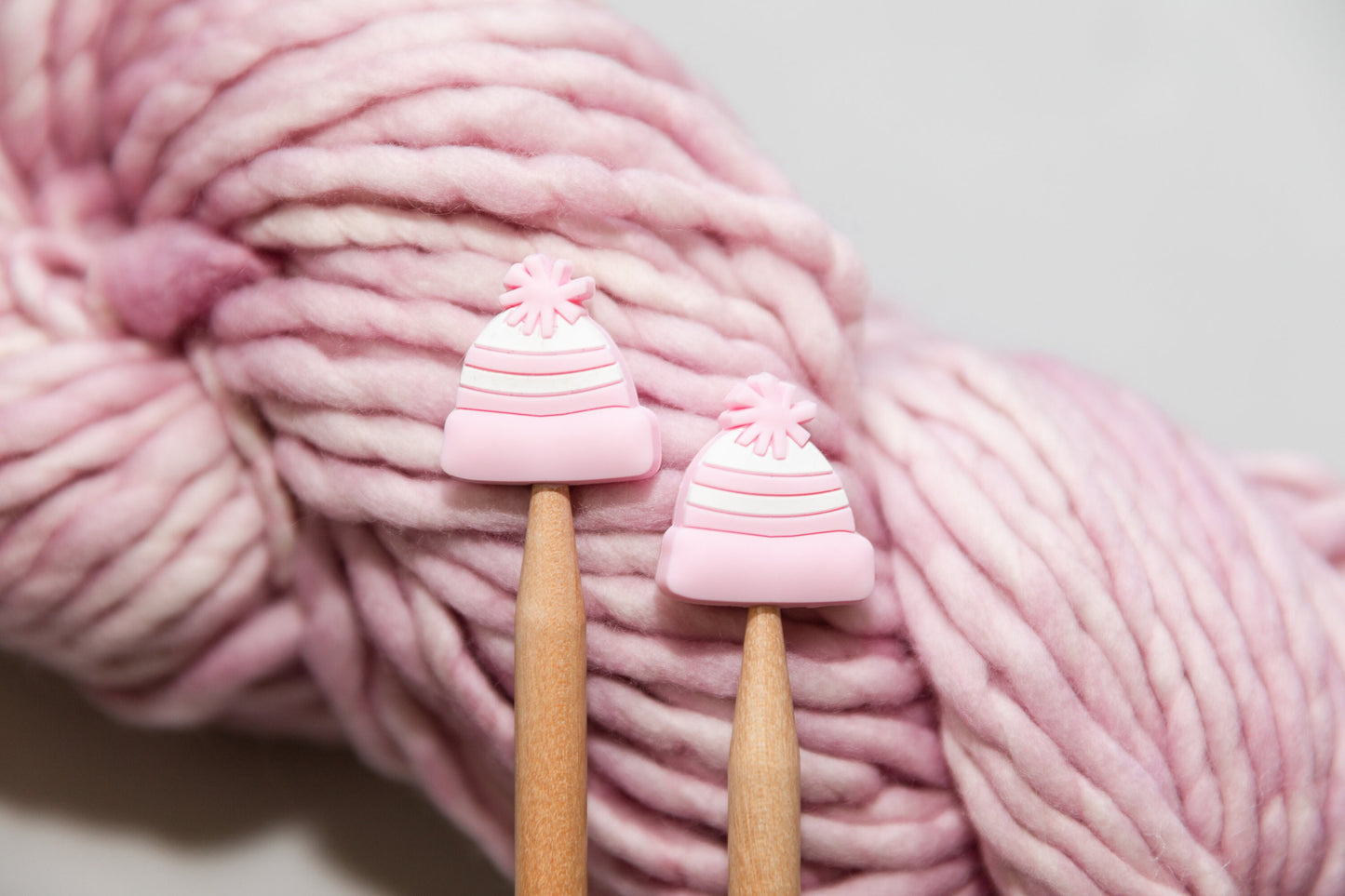 Winter stitch stoppers | Knitting notions light pink beanie | pastel pink winter hat stitch stopper