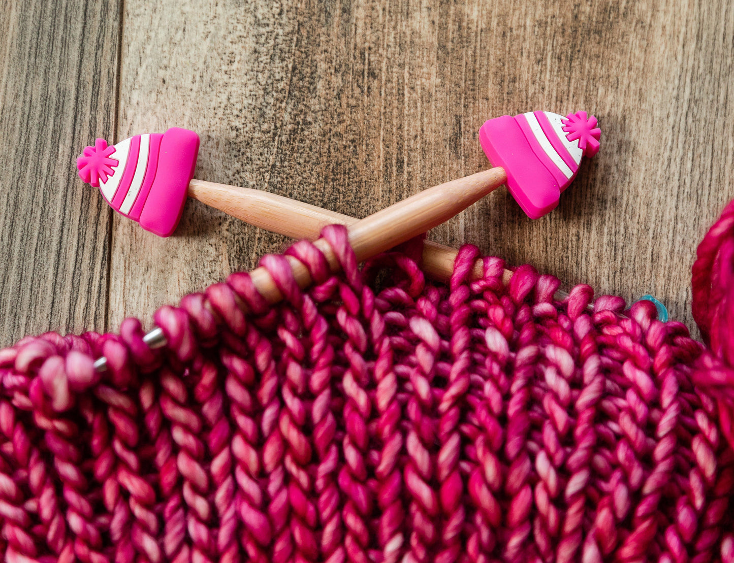 Winter stitch stoppers | Knitting notions bright pink beanie | pink winter hat stitch stopper