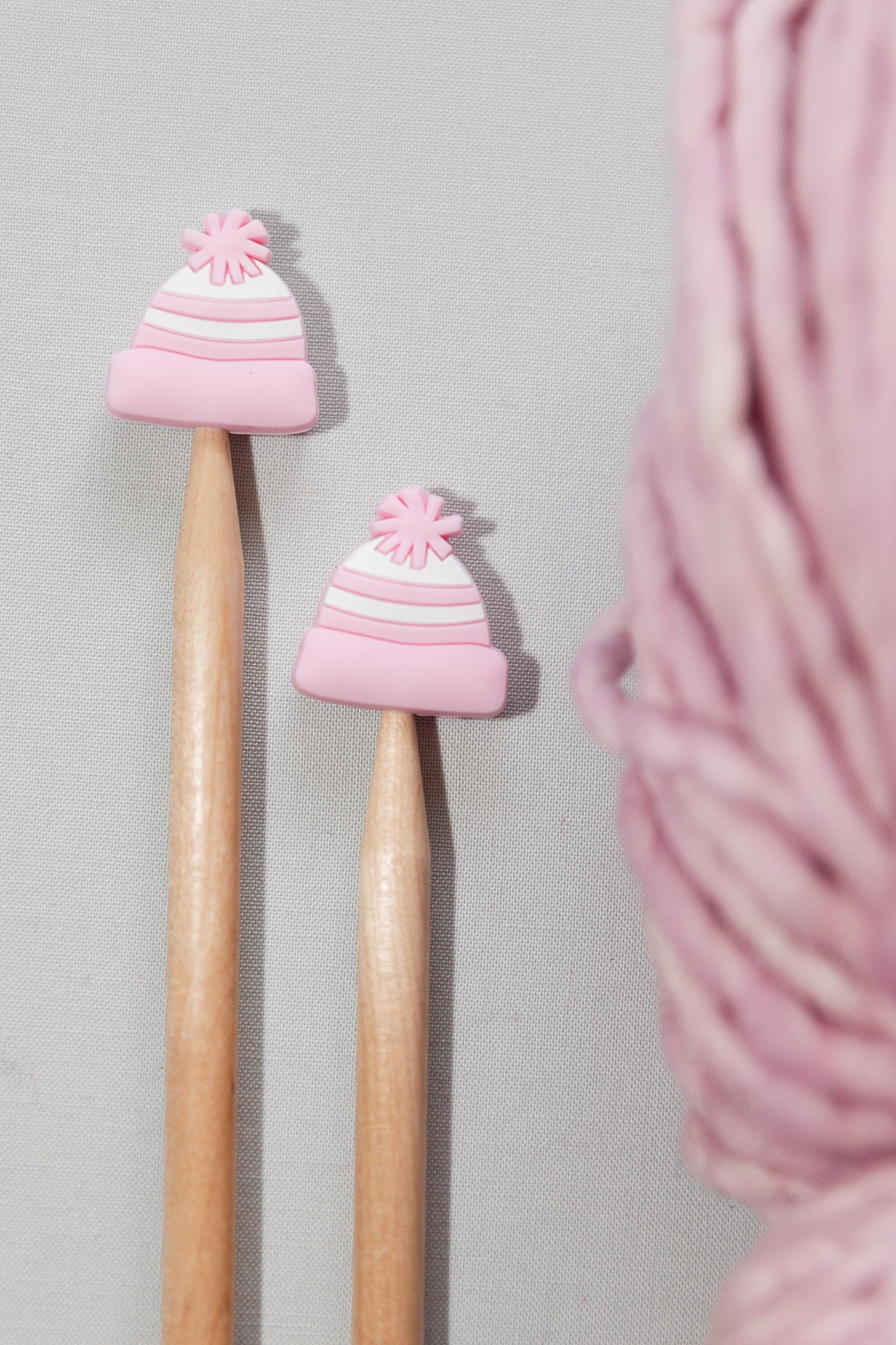 Winter stitch stoppers | Knitting notions light pink beanie | pastel pink winter hat stitch stopper
