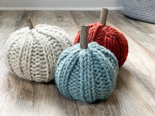 Knit pumpkins 3 piece set, different sizes and colors for Fall farmhouse decor