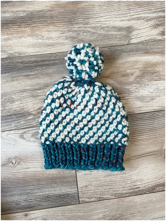 Kaleidoscope hat, beautiful cream and variegated teal wool hat