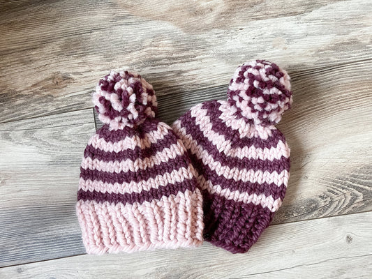 Pink little girl hats| Pink and plum striped matching hats- READY TO SHIP