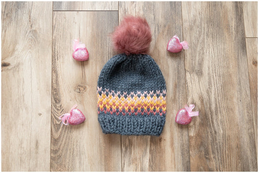 Recycled yarn hat- Fair Isle knit in rainbow/sunrise slouchy style