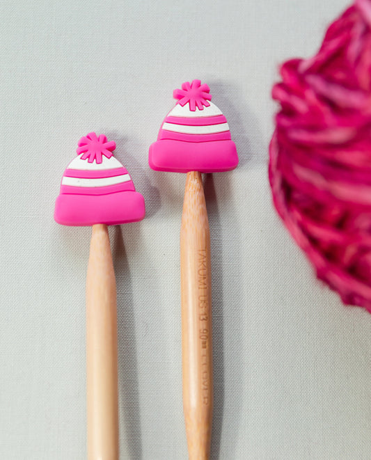Winter stitch stoppers | Knitting notions bright pink beanie | pink winter hat stitch stopper