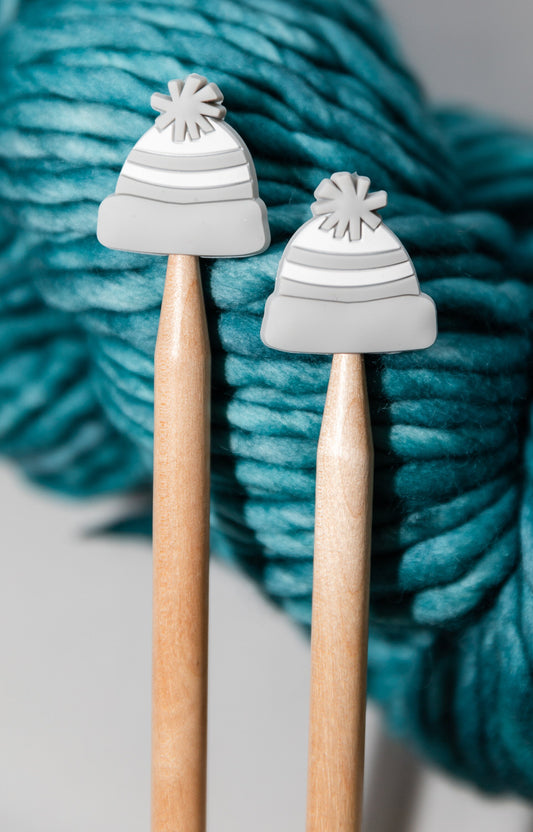 Winter stitch stoppers | Knitting notions gray and white beanie | gray winter hat stitch stopper