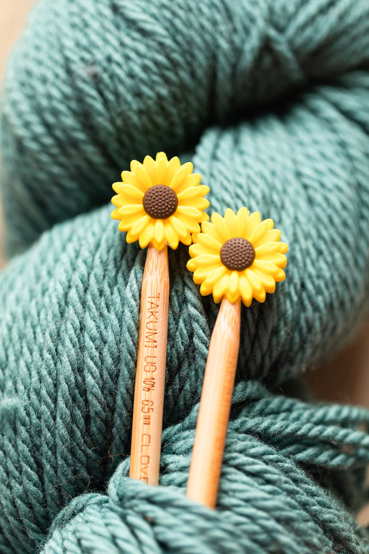 Sunflower stitch stoppers | Knitting notions bright yellow petals with brown center sunflower stitch stoppers
